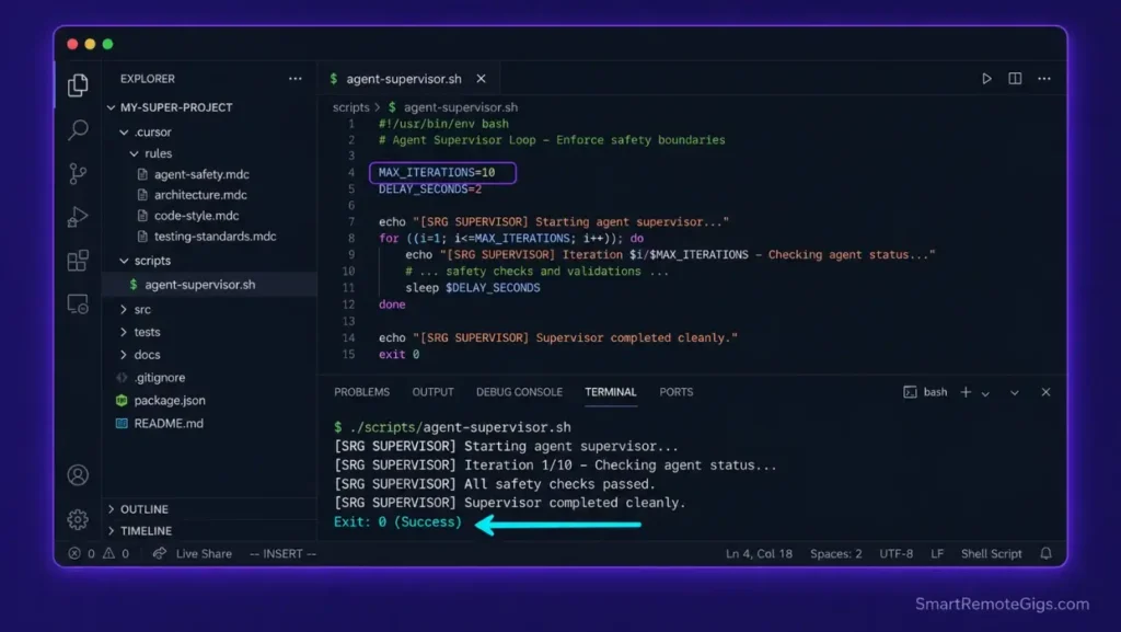 Real screenshot of the integrated editor terminal executing the custom bash loop supervisor script to enforce Agent safety boundaries.