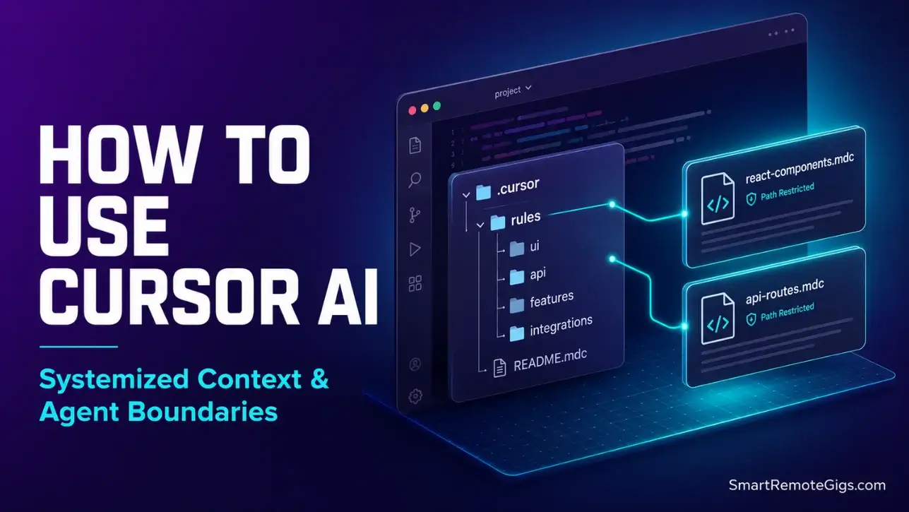 How to use Cursor AI: Premium SaaS editorial graphic illustrating the file-system directory and .mdc rule architecture.