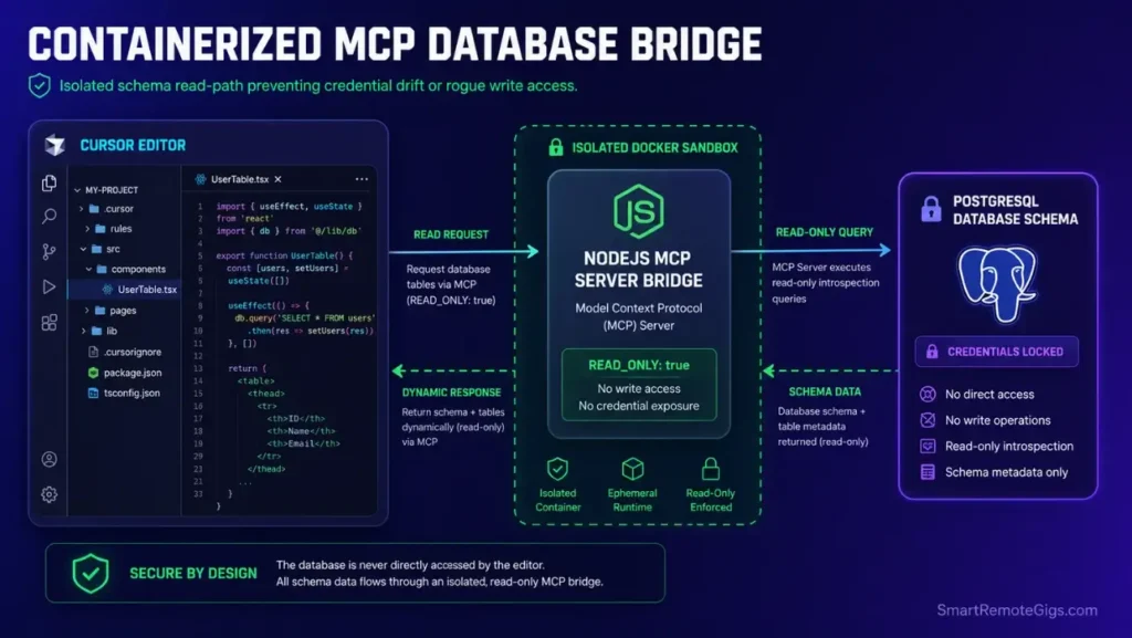 Database architecture diagram detailing a read-only Model Context Protocol (MCP) server bridge running inside an isolated Docker sandbox.