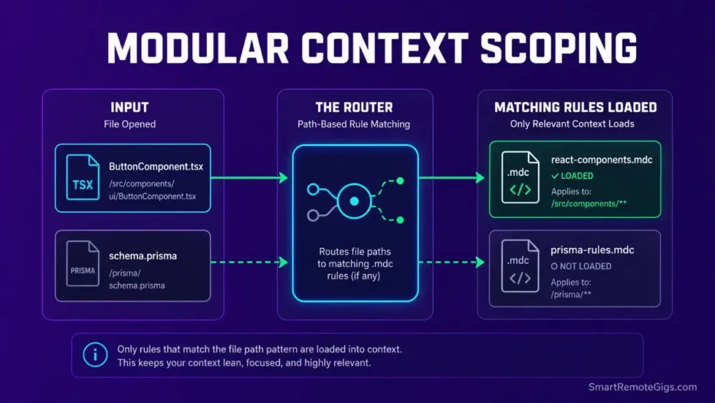 System architecture infographic explaining how path-restricted .mdc rules prevent context-window collapse and token-drain during compilation.