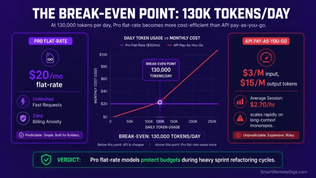 Financial ROI comparison matrix showing the break-even token thresholds between Cursor Pro flat-rate and Claude API token billing.