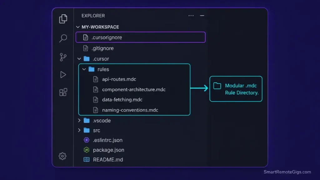 Real screenshot composition of the Cursor sidebar folder structure highlighting the .cursorignore file and .cursor/rules directory.