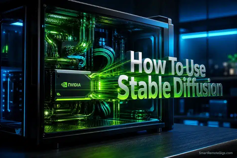 3D glowing text reading How To Use Stable Diffusion hovering over a high-performance local GPU rendering hardware setup.