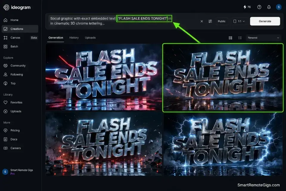 Real screenshot of the Ideogram interface generating flawless 3D typography for social media marketing graphics.