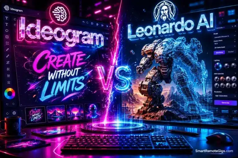 3D cinematic rendering of the text Ideogram vs Leonardo AI highlighting the 2026 benchmark data for commercial image generation.