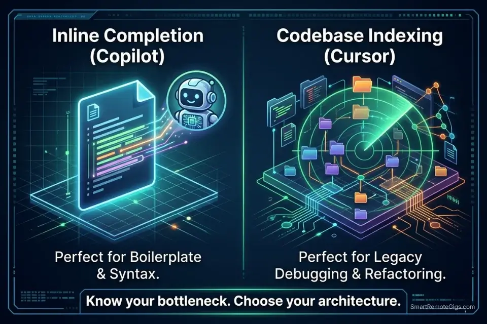 Infographic comparing the architectural differences between inline AI code completion and full codebase indexing.