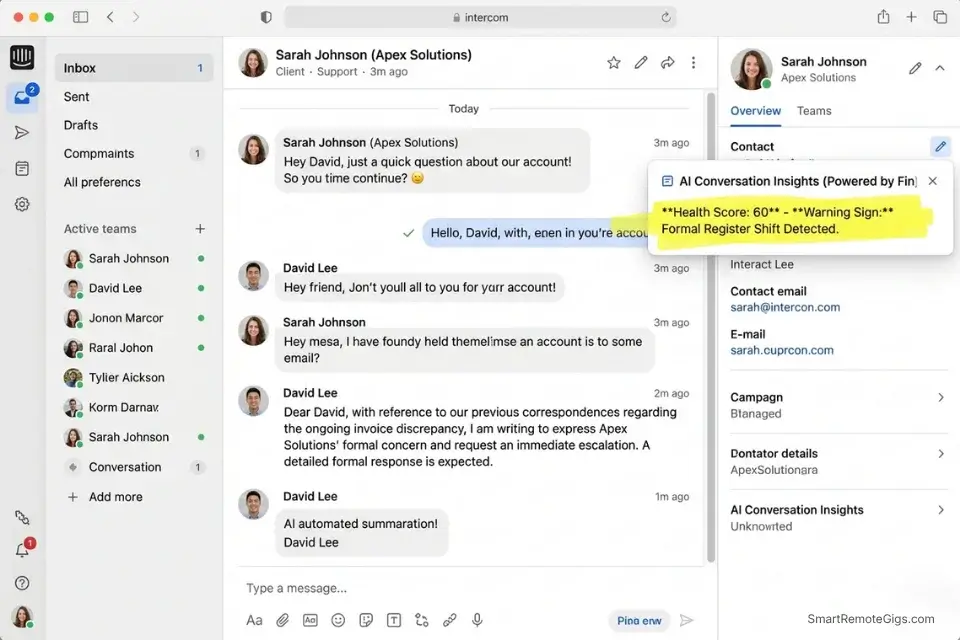Screenshot of Intercom AI analyzing B2B client sentiment and flagging a high-ticket client for churn risk based on linguistic markers.