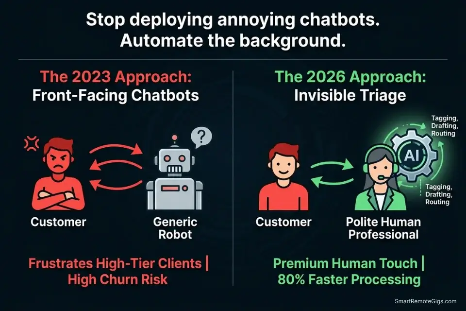 Infographic comparing frustrating front-facing AI chatbots against invisible, high-ROI AI support triage workflows for freelancers.