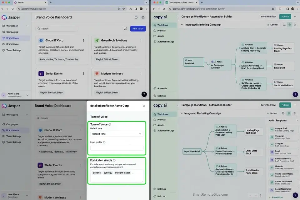Split-screen showing Jasper and Copy.ai enterprise dashboards enforcing brand voice guidelines and automating copywriting workflows.