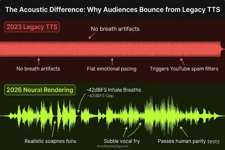 Infographic comparing the flat waveform of legacy TTS against the dynamic, realistic waveform of the best AI voice generator engines.