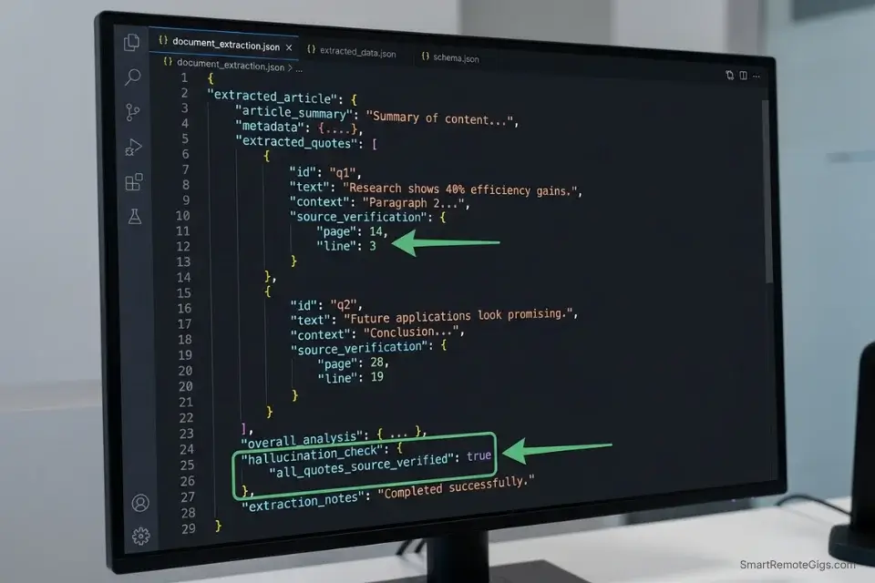A screenshot of a JSON schema used to force AI models to extract exact page and line citations from legal deposition transcripts.