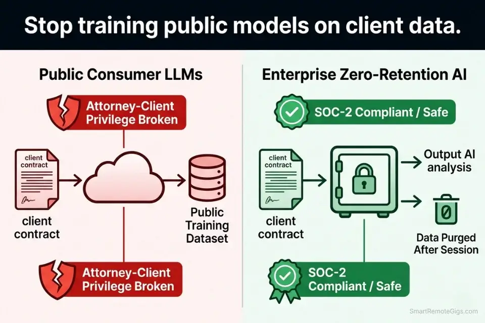 Infographic comparing the data security risks of public AI models versus zero-retention enterprise AI tools for law firms.