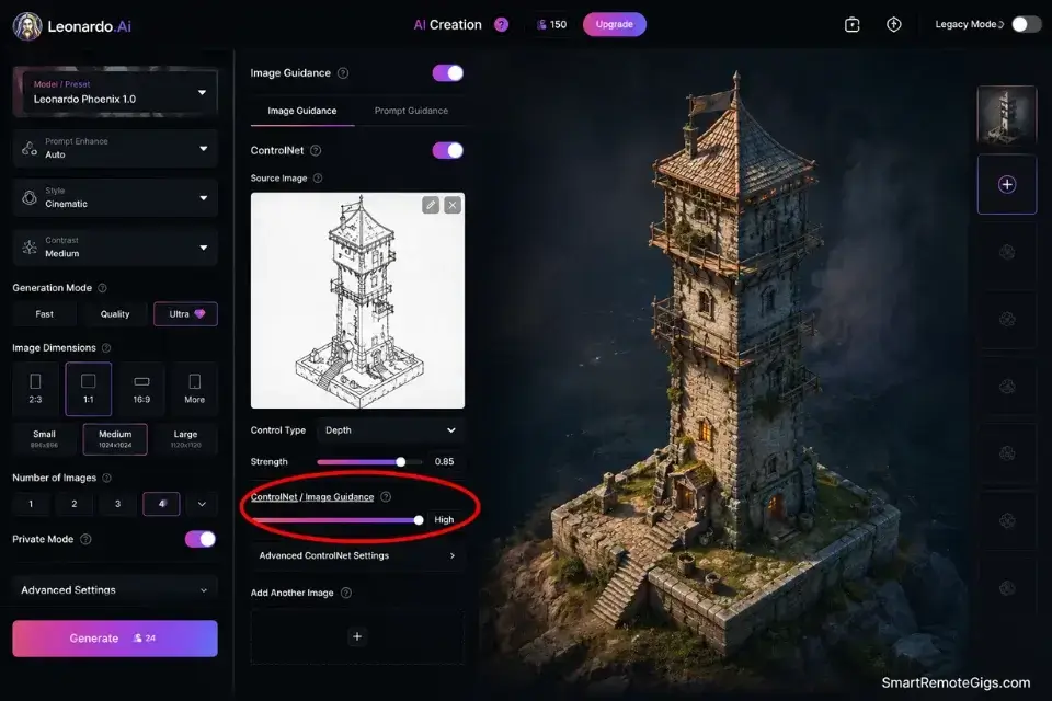 Real screenshot of Leonardo AI using ControlNet sketch-to-render architecture to generate a 3D isometric game asset.