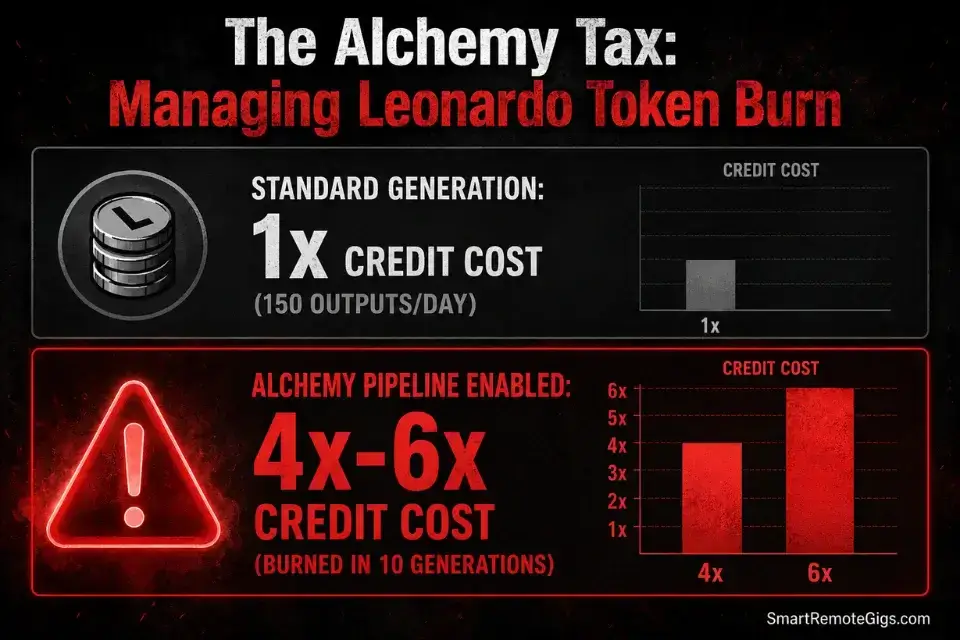 Infographic comparing the credit token burn rate of standard AI generation versus Leonardo AI Alchemy pipelines.