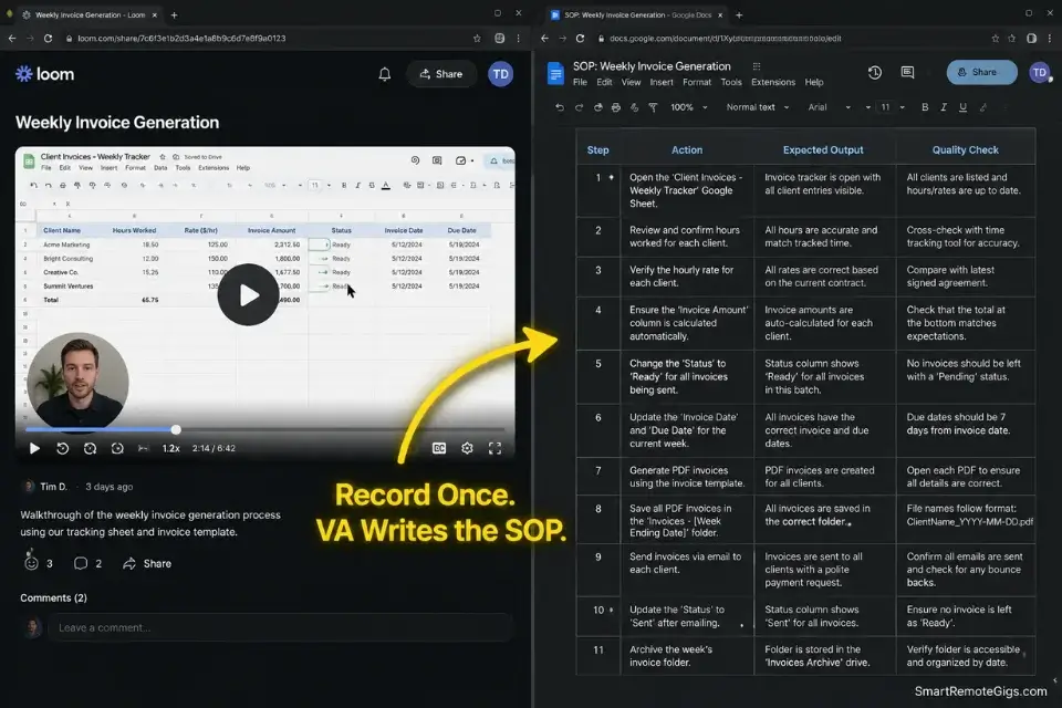 A split-screen screenshot showing a Loom video being translated into a step-by-step Google Doc standard operating procedure (SOP).