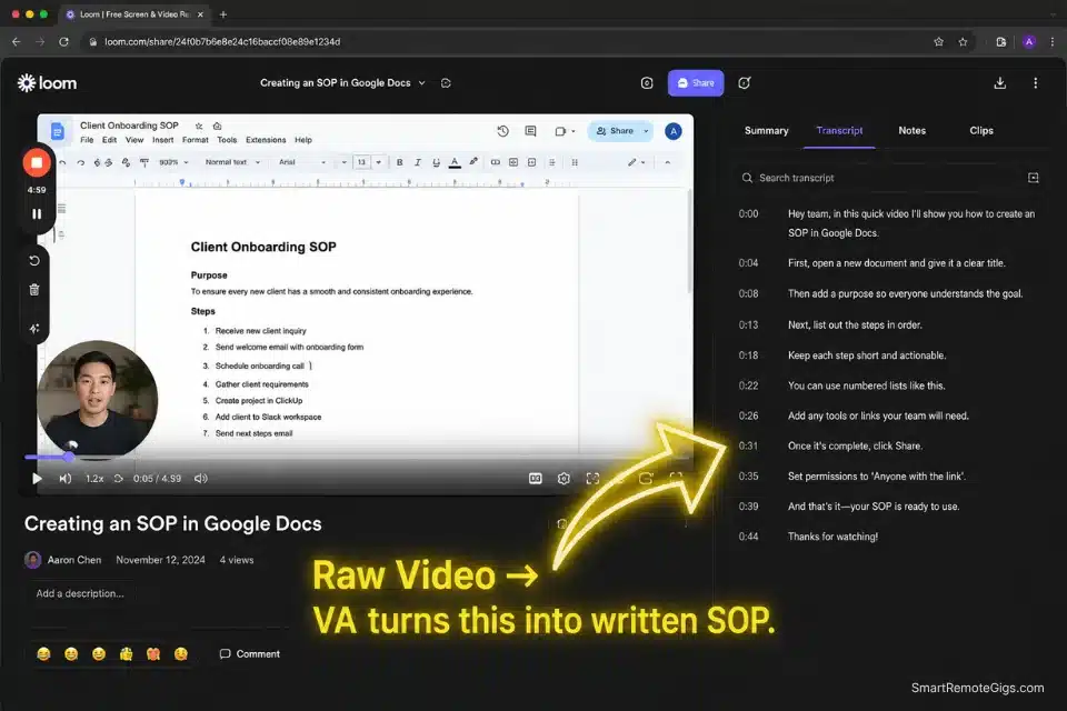Screenshot of a Loom video with an AI transcript, demonstrating how to quickly record standard operating procedures to outsource freelance work.