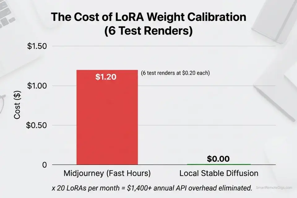 Bar chart showing the API cost savings of calibrating LoRA weights on local Stable Diffusion versus cloud AI subscriptions.
