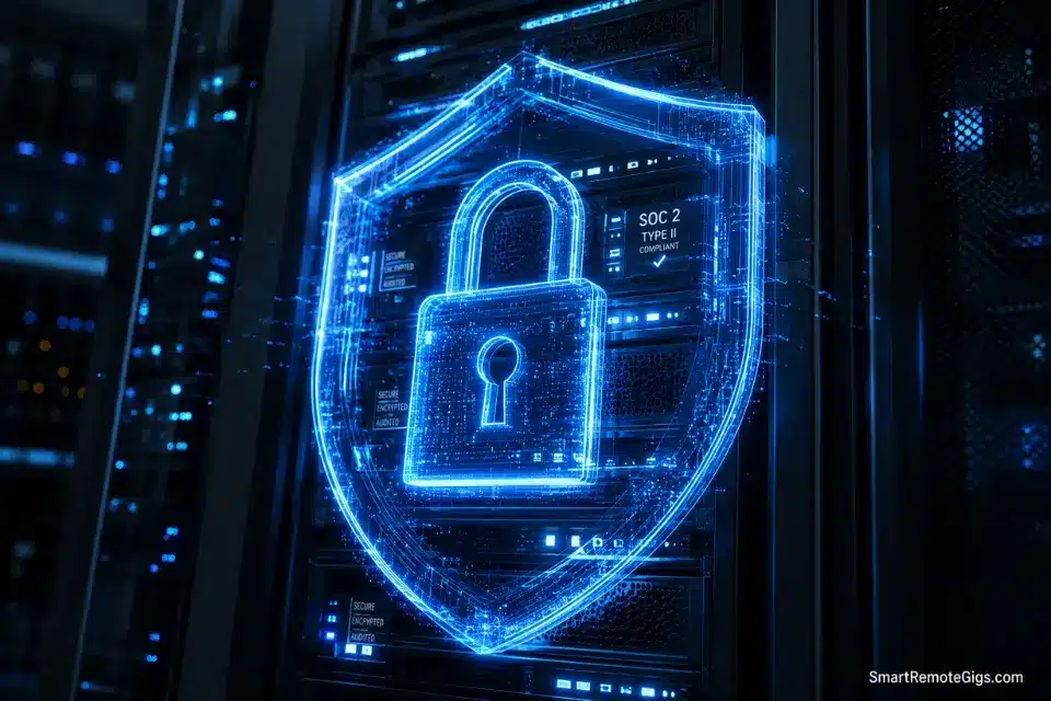 3D cinematic rendering of an enterprise security shield representing SOC2 compliance for low code architectures.