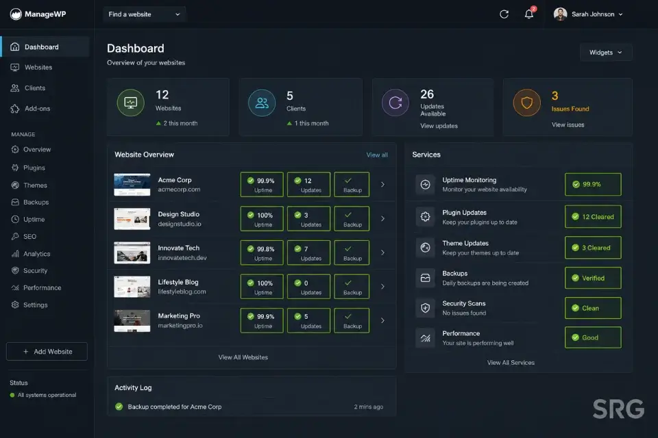 A real dashboard screenshot showing monthly maintenance tasks completed for a client on a freelance retainer package.