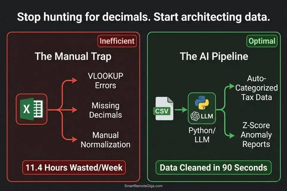 Infographic comparing manual Excel formatting to an automated Python pipeline using AI for financial analysis.