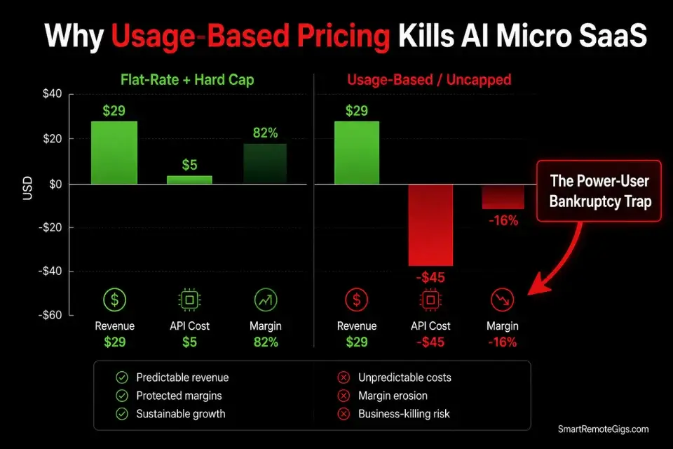 Infographic chart comparing usage-based vs flat-rate billing to protect margins when learning how to price a micro saas.