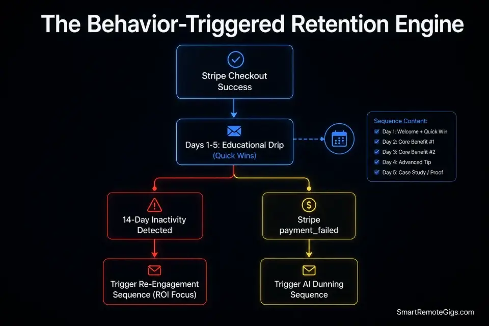 Behavior-triggered email retention loop diagram showing how to build a micro saas that prevents user churn.