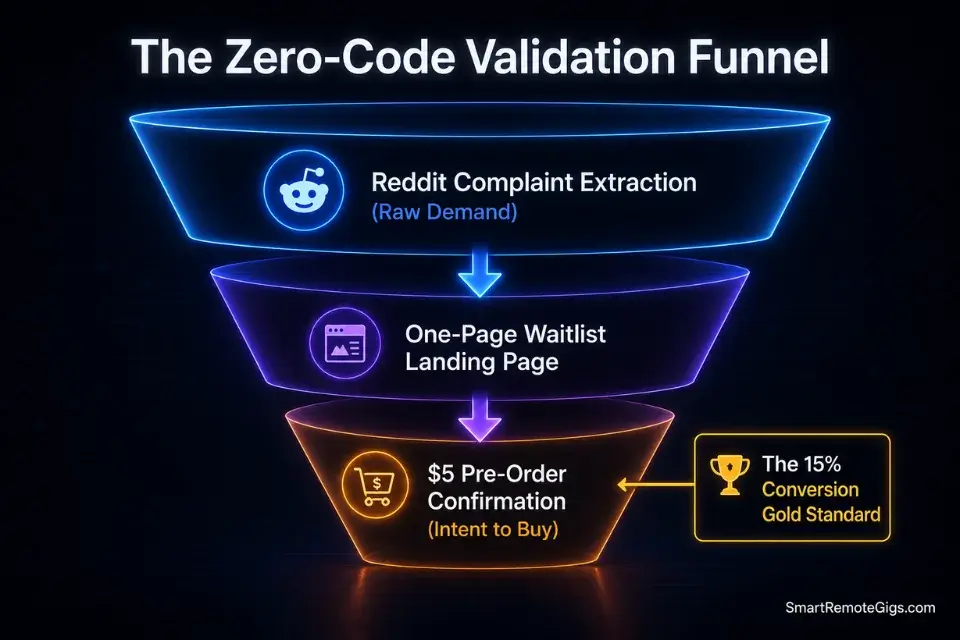 Infographic detailing the shadow launch validation funnel showing how to build a micro saas with zero initial code.