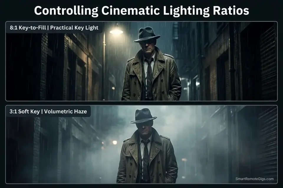 Comparison of two Midjourney cinematic storyboards in 21:9 aspect ratio showing different lighting ratios and gaffer setups.