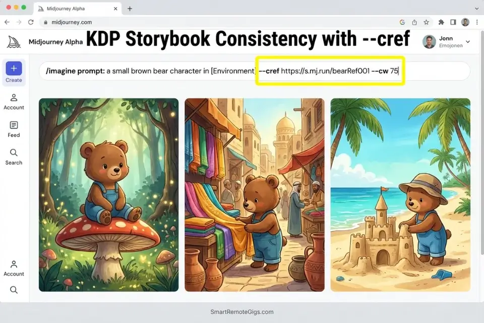Midjourney Web UI showing character consistency across multiple children's book illustrations using the character reference parameter.