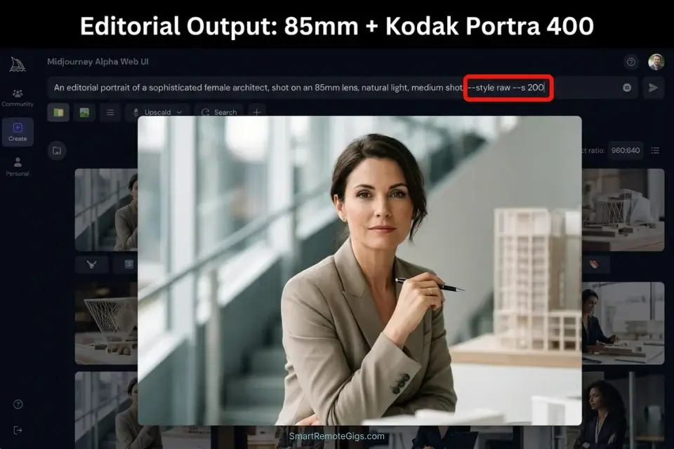 Midjourney Web UI screenshot showing a highly realistic editorial portrait generated using specific camera and film stock prompts.