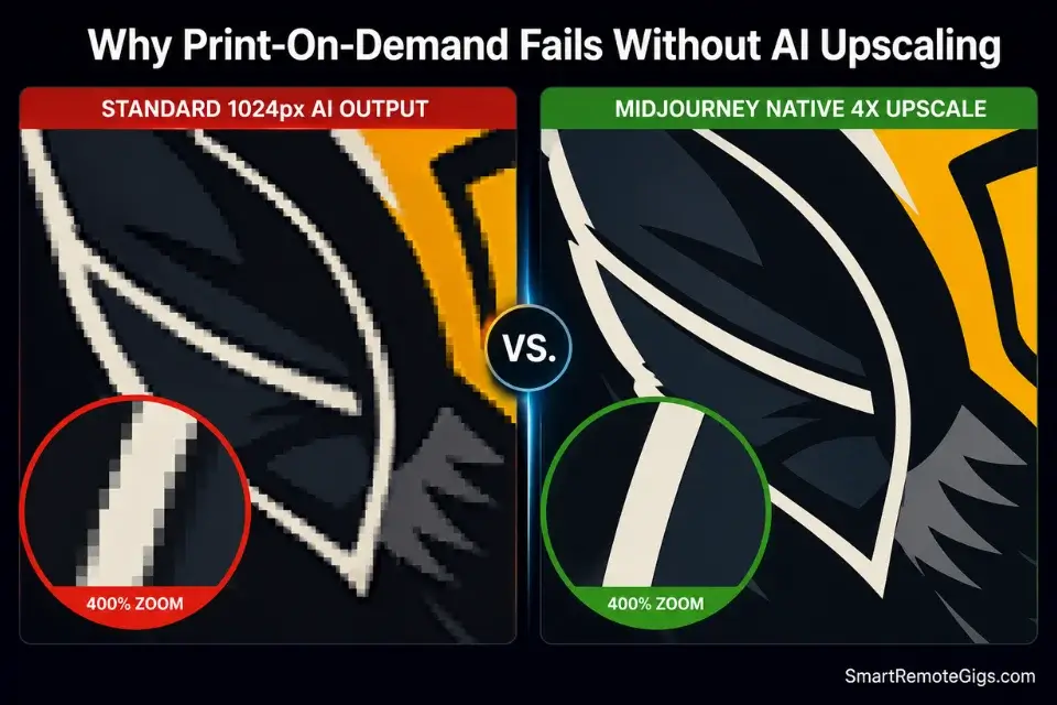 Macro comparison of standard AI image outputs versus Midjourney 4x upscaled assets for print on demand commercial use.