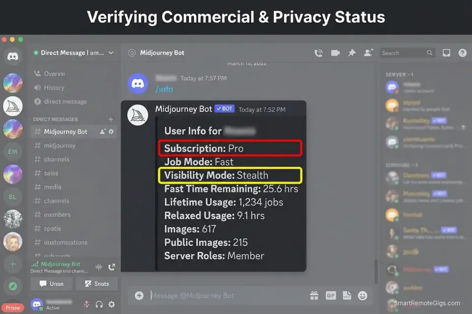 Midjourney Discord interface showing the info command output, highlighting the active Pro subscription tier and stealth mode visibility.