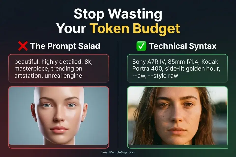 Infographic comparing generic prompt salad keywords to specific technical camera prompts in Midjourney V7.