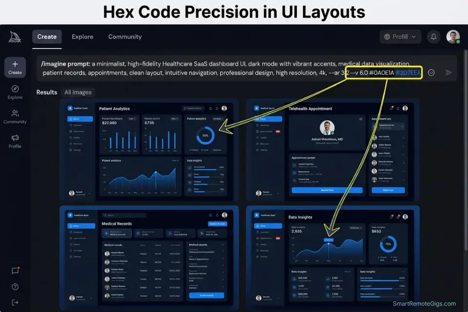 Midjourney UI/UX dashboard mockup generation showing exact hex color code compliance in the output.