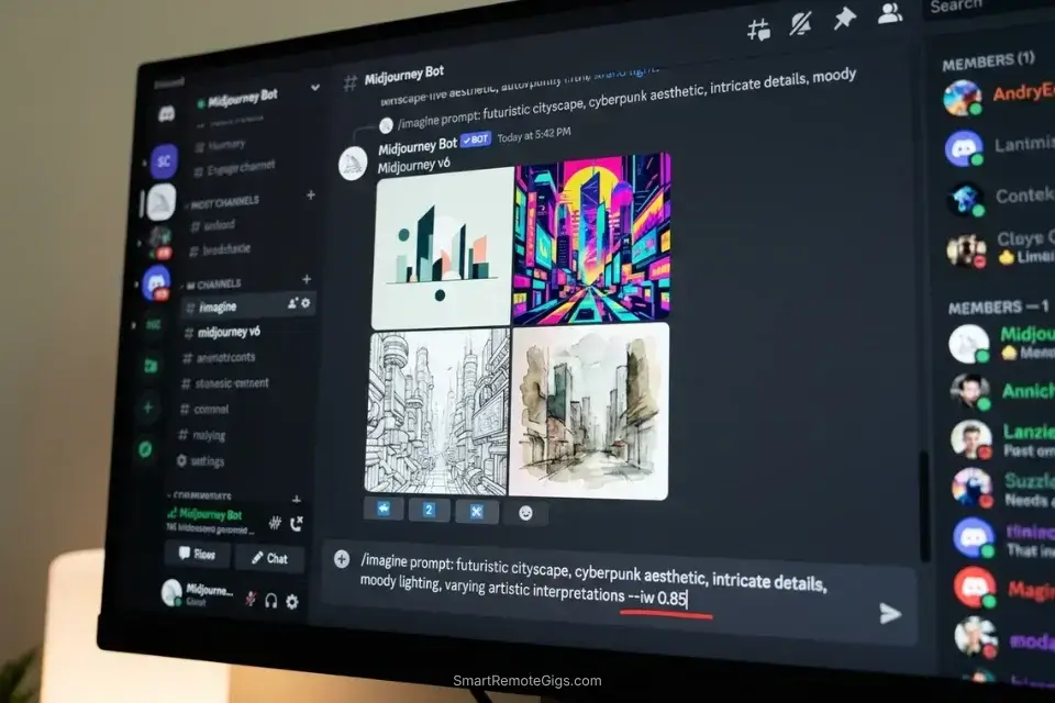 Screenshot of the Midjourney v6 interface using the image weight parameter to generate stylistic brand mockups for graphic designers.