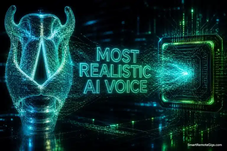 3D rendering representing the most realistic AI voice generator technology, showing human vocal cords morphing into a neural network.