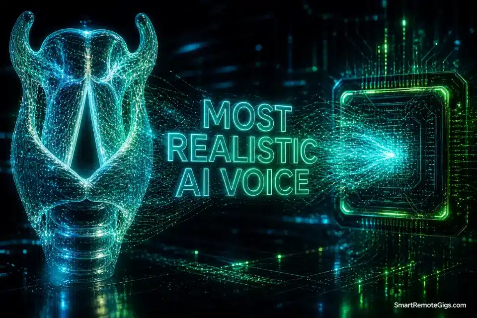 3D rendering representing the most realistic AI voice generator technology, showing human vocal cords morphing into a neural network.