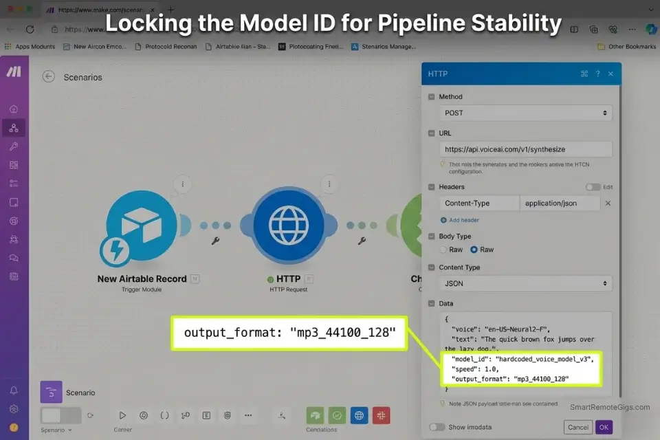 Screenshot of an automated Make.com workflow using the Murf AI API JSON payload for an automated daily news YouTube channel.