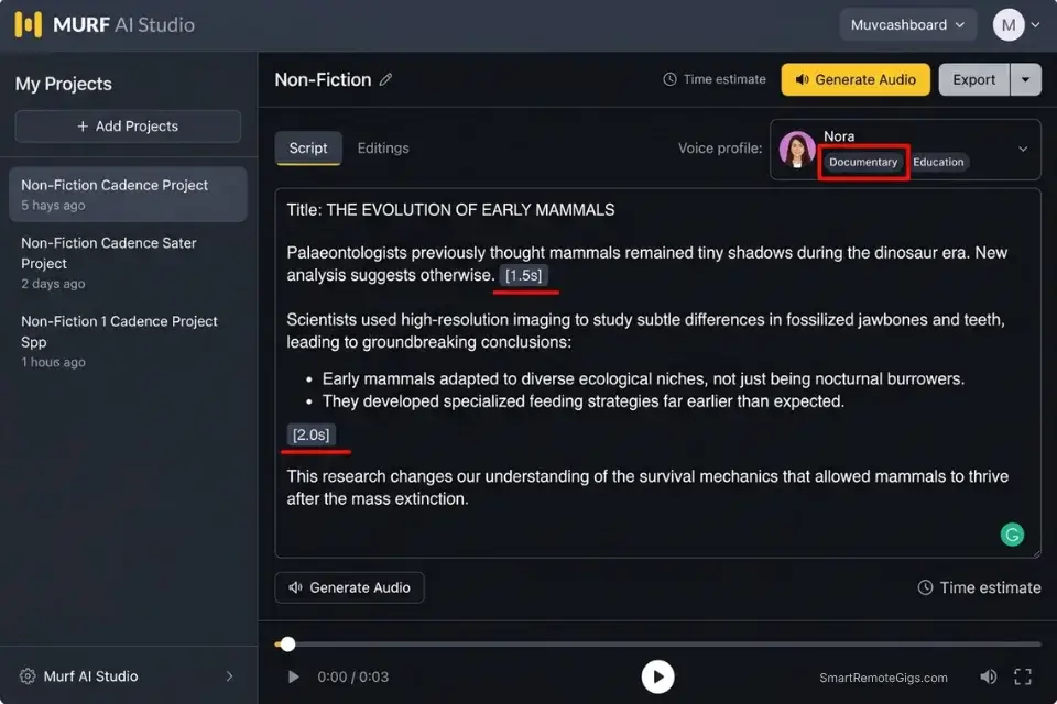 Screenshot of Murf AI studio highlighting documentary voice tags and cognitive pause blocks for non-fiction audiobook pacing.