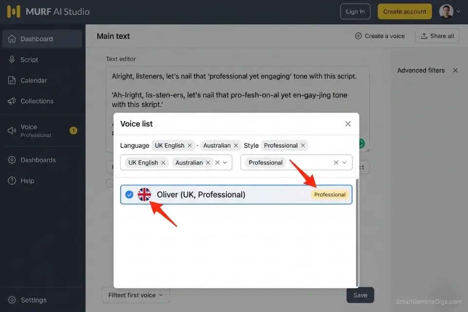 Screenshot of the Murf AI platform filtering regional accents for localized business pitches.