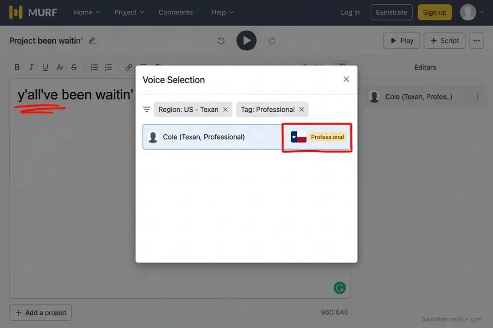Screenshot of the Murf AI studio highlighting regional accent filters and phonetically spelled text for localized voice generation.