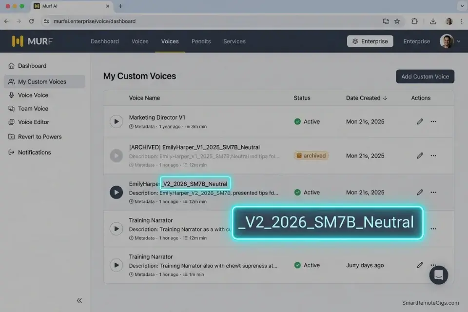 Screenshot of an AI voice dashboard showing strict version control and naming conventions for custom voice models.