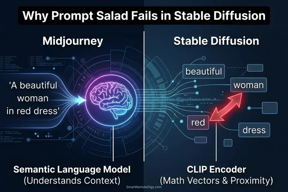 Diagram comparing Midjourney's semantic natural language processing against Stable Diffusion's CLIP text encoder vector mapping.