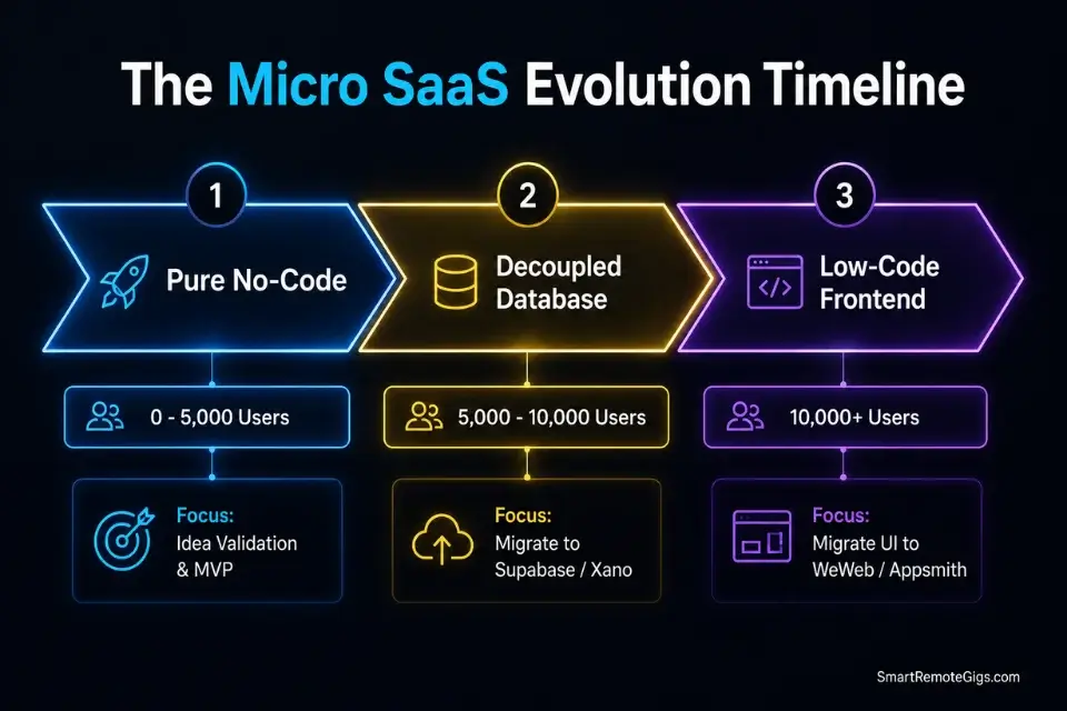 Infographic roadmap showing the exact timeline of migrating from no code vs low code as user counts scale.