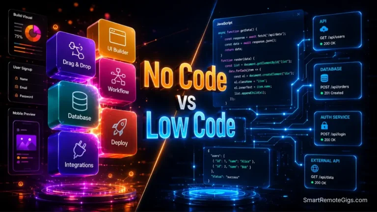 High-end 3D cinematic illustration comparing the architecture of no code vs low code startup tech stacks in 2026.