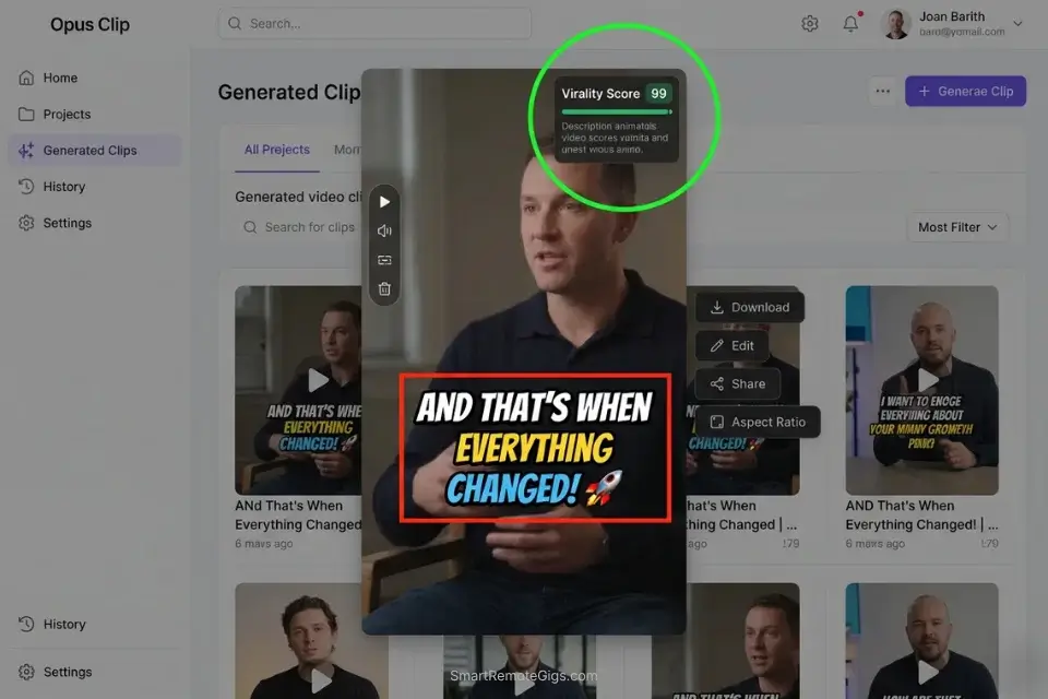 A screenshot of Opus Clip automatically identifying high-retention podcast moments and assigning an AI virality score for social media shorts.