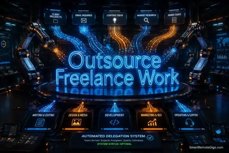 Cinematic 3D illustration of automated data nodes, representing how to build systems to outsource freelance work and buy back time in 2026.