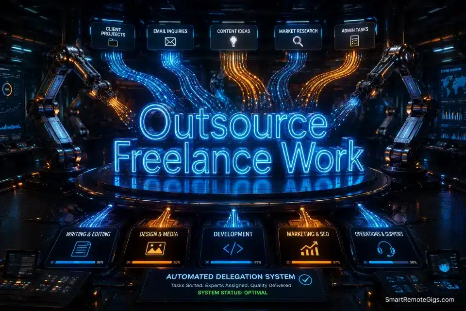 Cinematic 3D illustration of automated data nodes, representing how to build systems to outsource freelance work and buy back time in 2026.