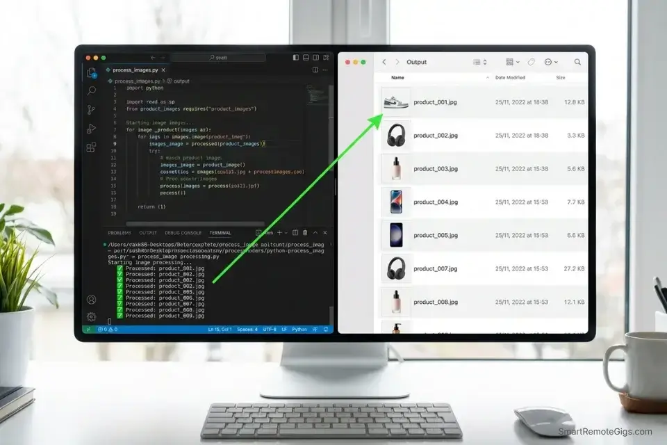A split-screen showing a Python batch script connected to the Photoroom API automating background removal for e-commerce graphic design.