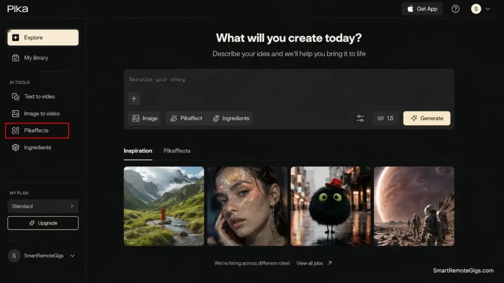 A screenshot of the Pika 2.5 web interface on pika.art showing the text-to-video prompt box and the Pikaffects effects suite.